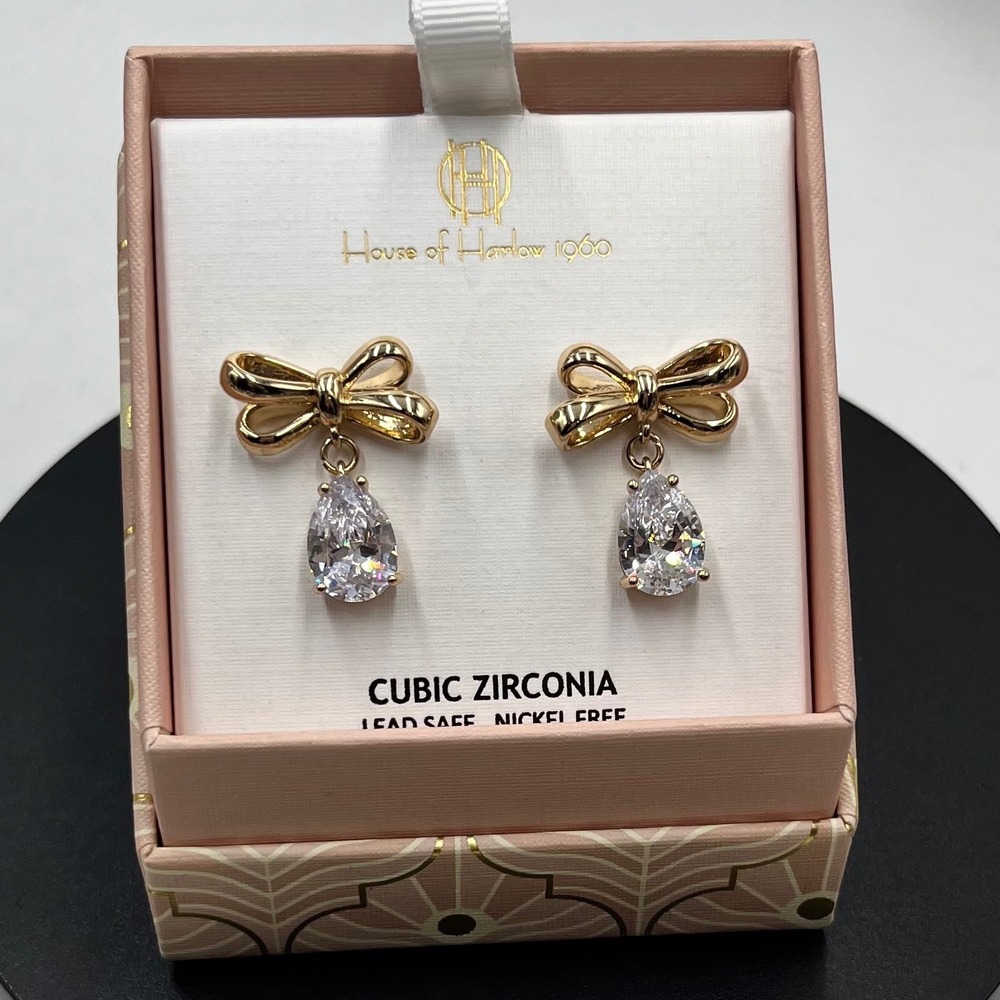 House of Harlow 1960 Gold Bow and Cubic Zirconia Teardrop Drop Earrings new